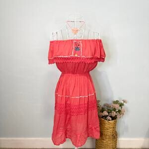 The perfect coral pink off the shoulder midi tiered ruffle sundress